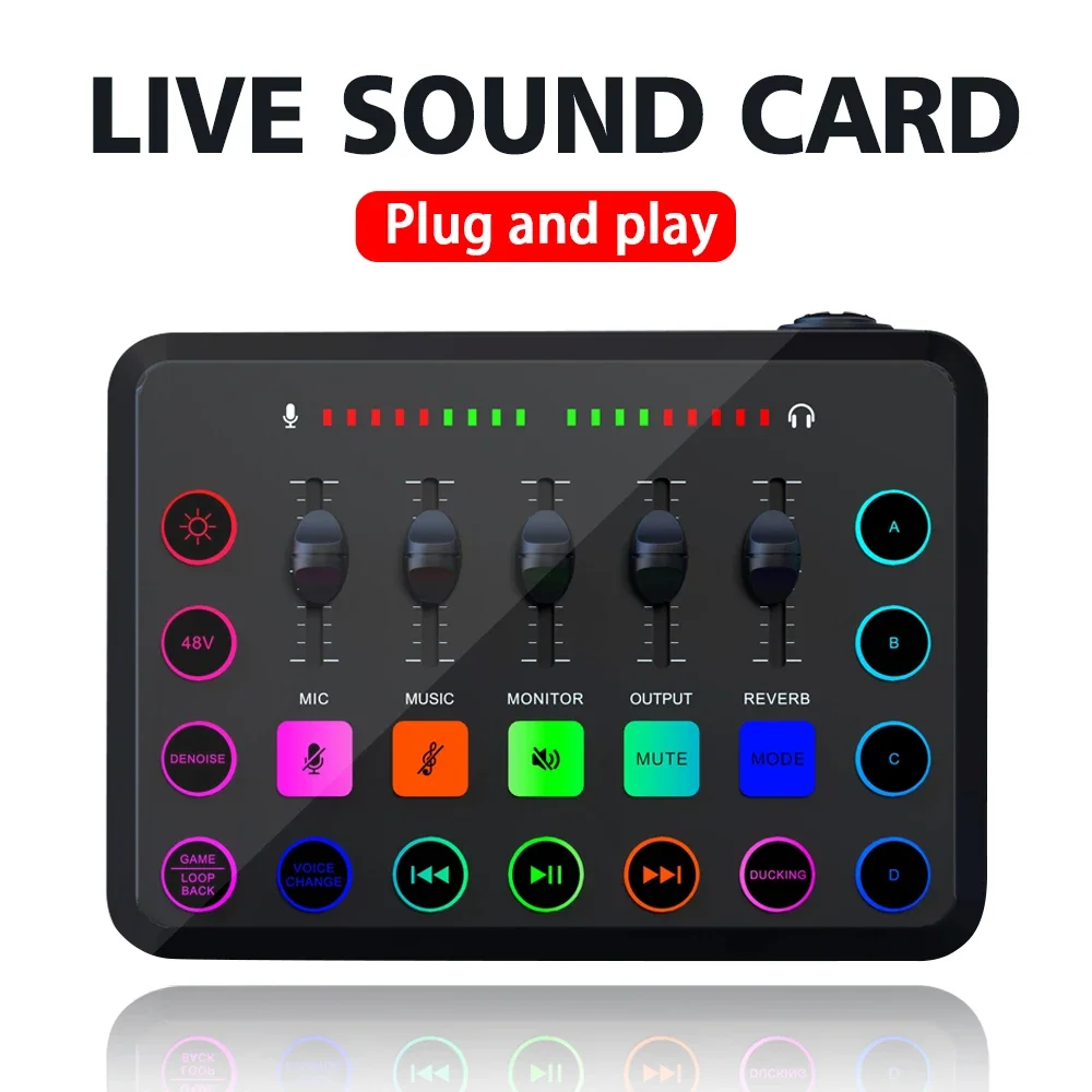 Gaming Audio Mixer Streaming, Placa de som com microfone XLR, 5 canais, Streaming ao vivo, Voz do jogo, Podcast