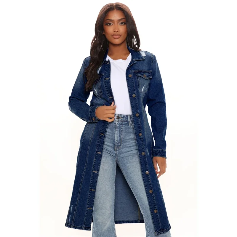 

New Arrival Fashion Hole Cotton Autnmn Winter Long Denim Jacket 2024 Trench Coat Cardigan Jeans Cape Women Long Sleeve Jean Coat