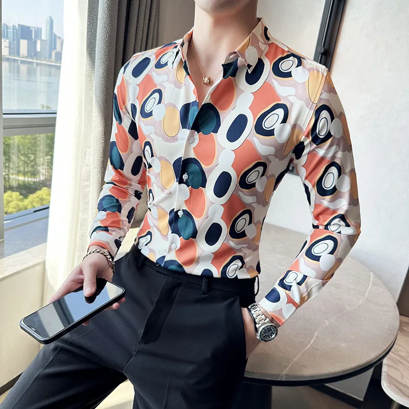 Plus Size 6XL-M Luxury Vintage Printing Brand Shirt Autumn New Fashion Long Sleeve Slim Fit Casual Business Social Party Tuxedo