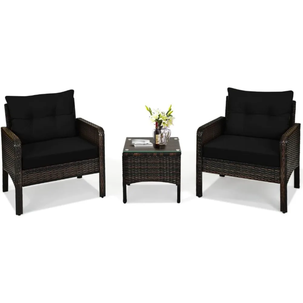 

3 Pieces Patio Conversation Set Outdoor Rattan Wicker Furniture Set with Coffee Table & Chairs Patio Bistro with Seat Cushions