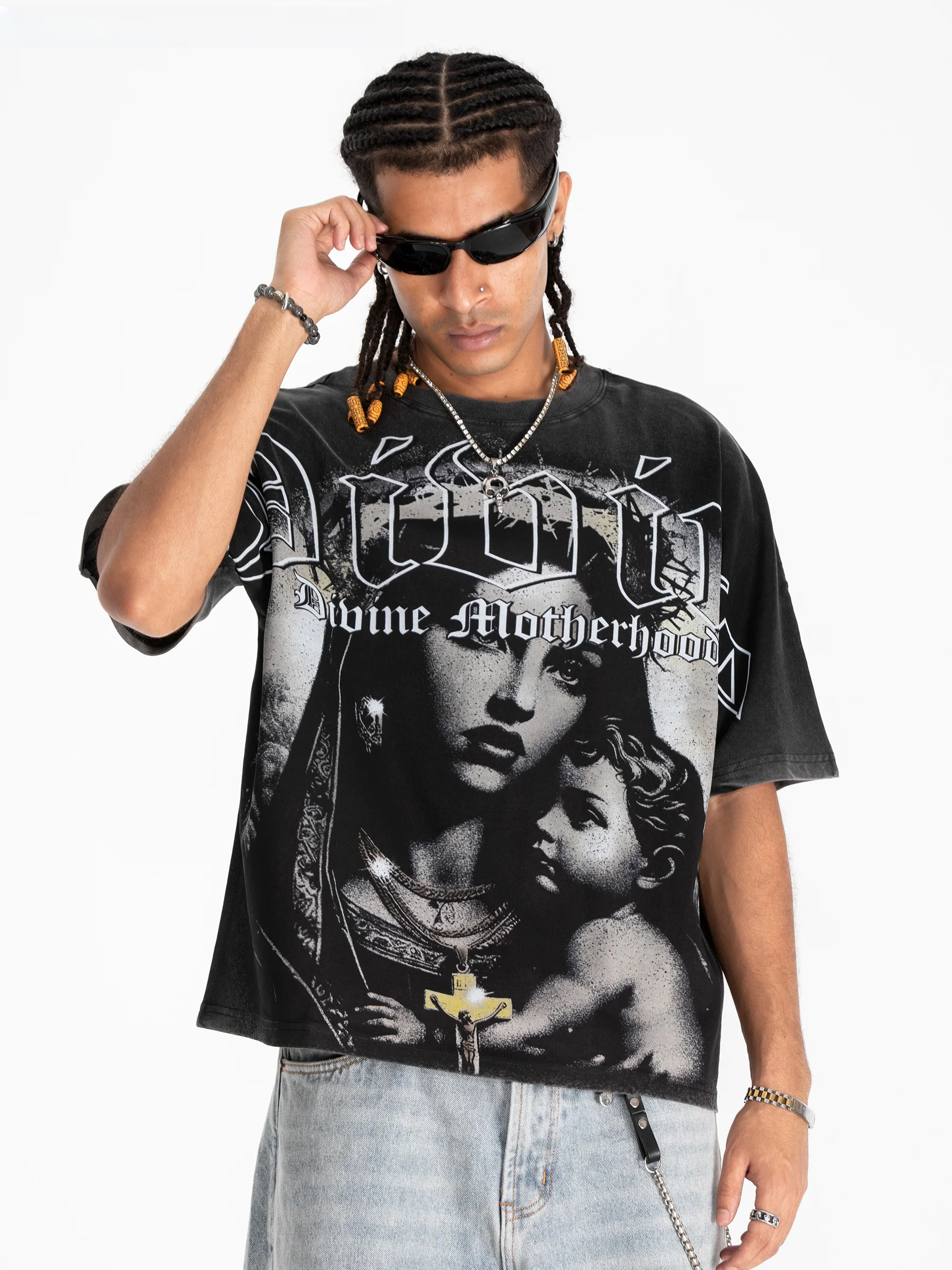 Heavyweight Pure Cotton Short Sleeve T-Shirt Loose Fit Summer Shoulder Drop T-Shirt Printed Casual Style for Teen Boys