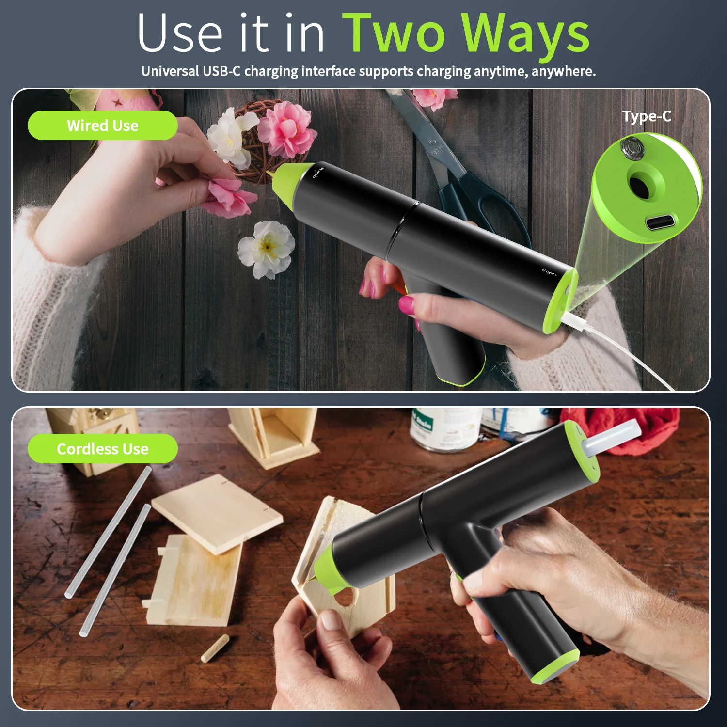 ปืนยิงกาวไฟฟ้าไร้สาย10W ใช้ในครัวเรือนปืนยิงกาวร้อนละลายขนาด7มม. อุปกรณ์ซ่อมแบบใช้ความร้อน