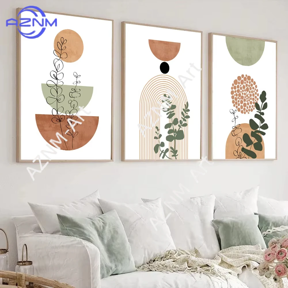 1PC/3PCS Boho Abstract Shape Plant Poster Print Mid Century Bohemian Style Geometry Botanical Art Painting Wall Decor Picture