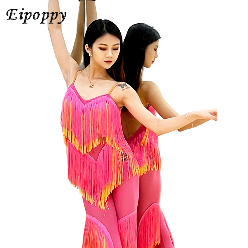 

Женский комбинезон для латиноамериканских соревнований, розовый комбинезон для латиноамериканских танцев с бахромой и брюками