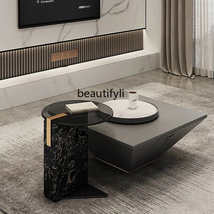 Piji Style Square Size Tea Table Combination Italian Light Luxury Large Apartment Designer Model Marble Glass Side Table