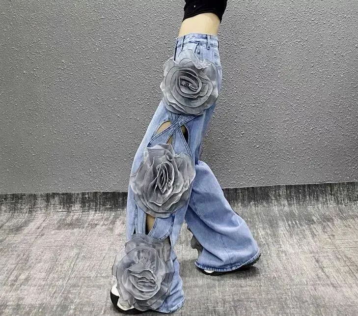 A9228 China Manufacturer Fashion Vintage Simple Solid Colour Jeans 3D Flower Loose Wide Leg Denim Trousers