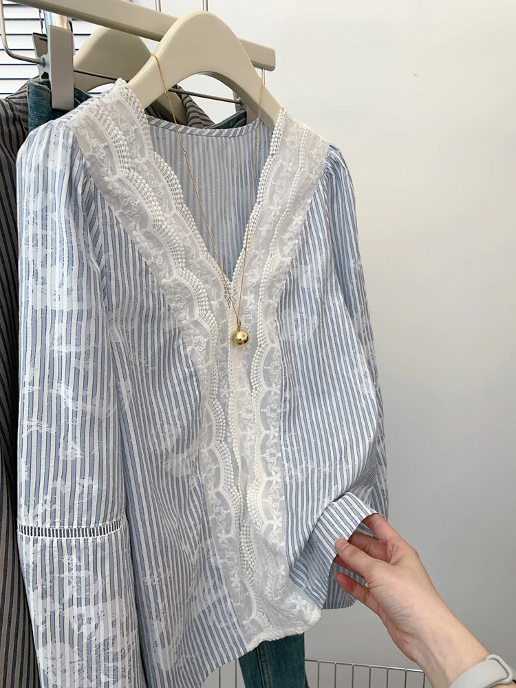 Zoete blauwe streep kant patchwork casual V-Ne irt heren lente herfst faionable all-match losse pasvorm lange Sve top