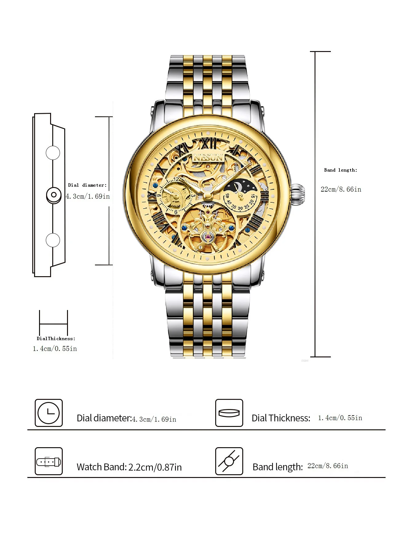 ساعة NESUN ميكانيكية أوتوماتيكية للرجال، ساعة رجال الأعمال الكلاسيكية متعددة الوظائف المصنوعة من الفولاذ المقاوم للصدأ