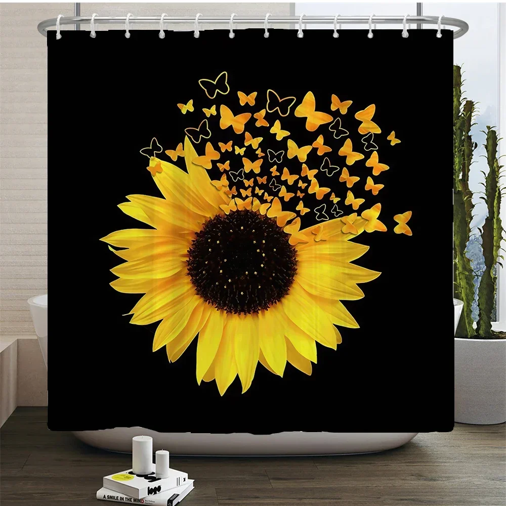 Plant Sunflower Butterfly Flowers Shower Curtain Print Modern Nordic Minimalist Polyster Home Decor Bathroom Curtain with Hooks