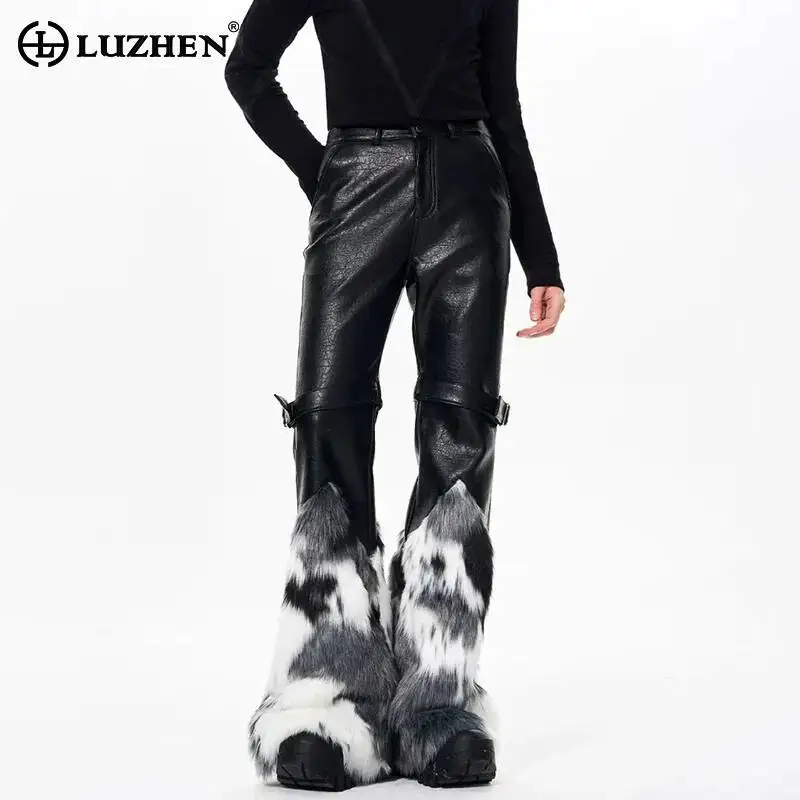 

LUZHEN 2026 New Personalized Faux Fur Splicing Leg Leather Bell-bottoms Pants Men's Original High Quality Street Trousers JY6568