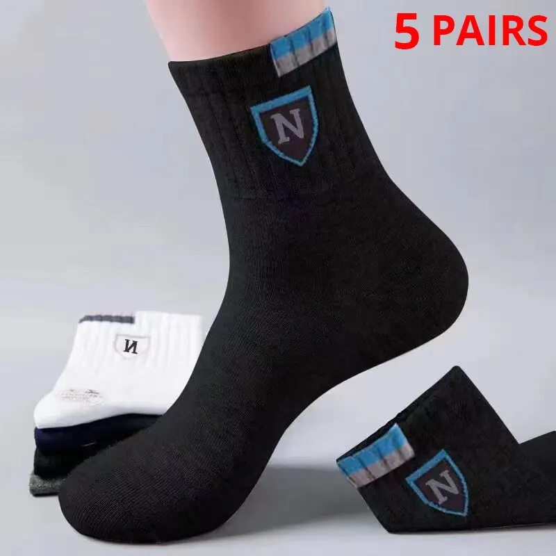 5 Pairs Men's Medium Length Socks Can Be Worn With Letter Pattern In All Seasons Sports And Fashion Socks