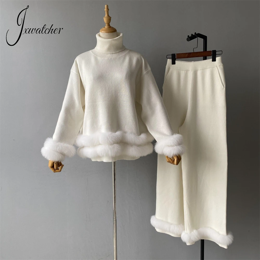 

Jxwatcher Women's Sweater Set with real fur Ladies Spring Fall Warm Turtleneck Pullover Good Elasticity Wool Blend Kintted Tops