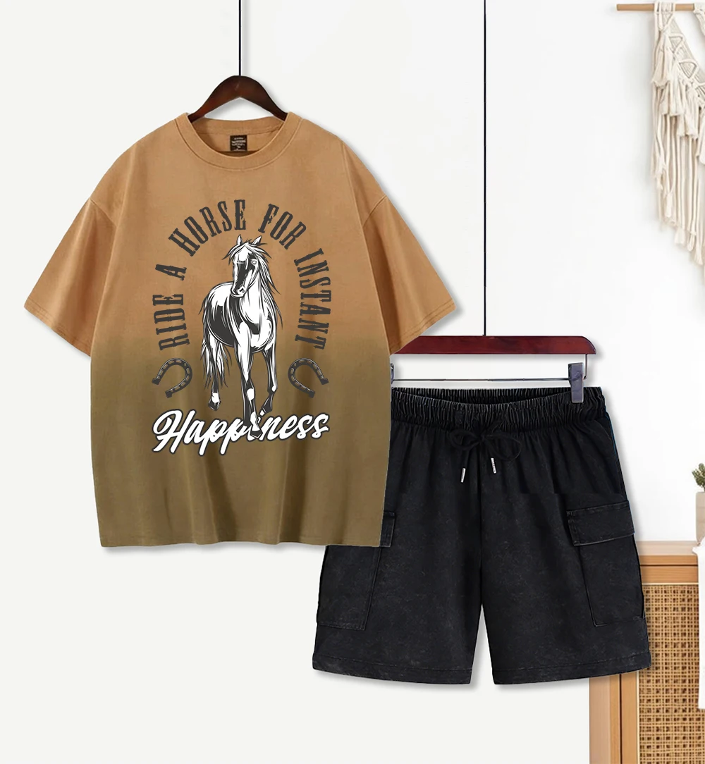 

Комплект футболок с принтом «Езжать на лошади — мгновенное счастье», женские хлопковые футболки с круглым вырезом, летние комплекты с короткими шортами, костюмы в стиле Y2K