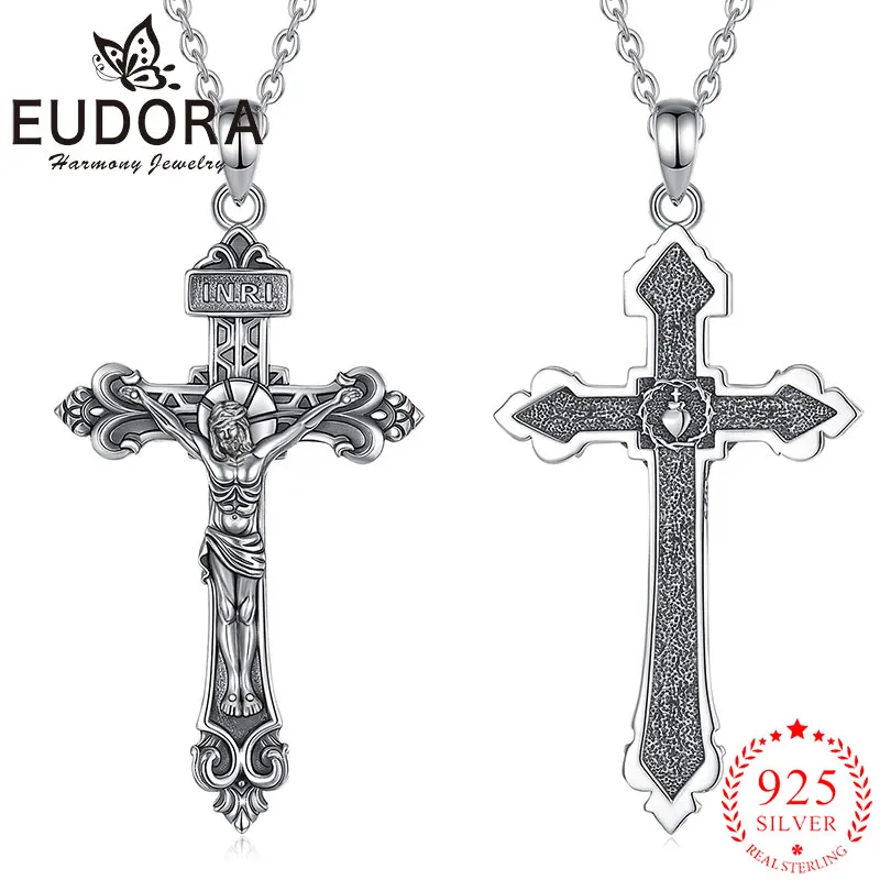 

Eudora 925 Sterling Silver Crucifix Cross Necklace Sacred Heart of Jesus Pendant Christian Amulet Religious Jewelry for Men