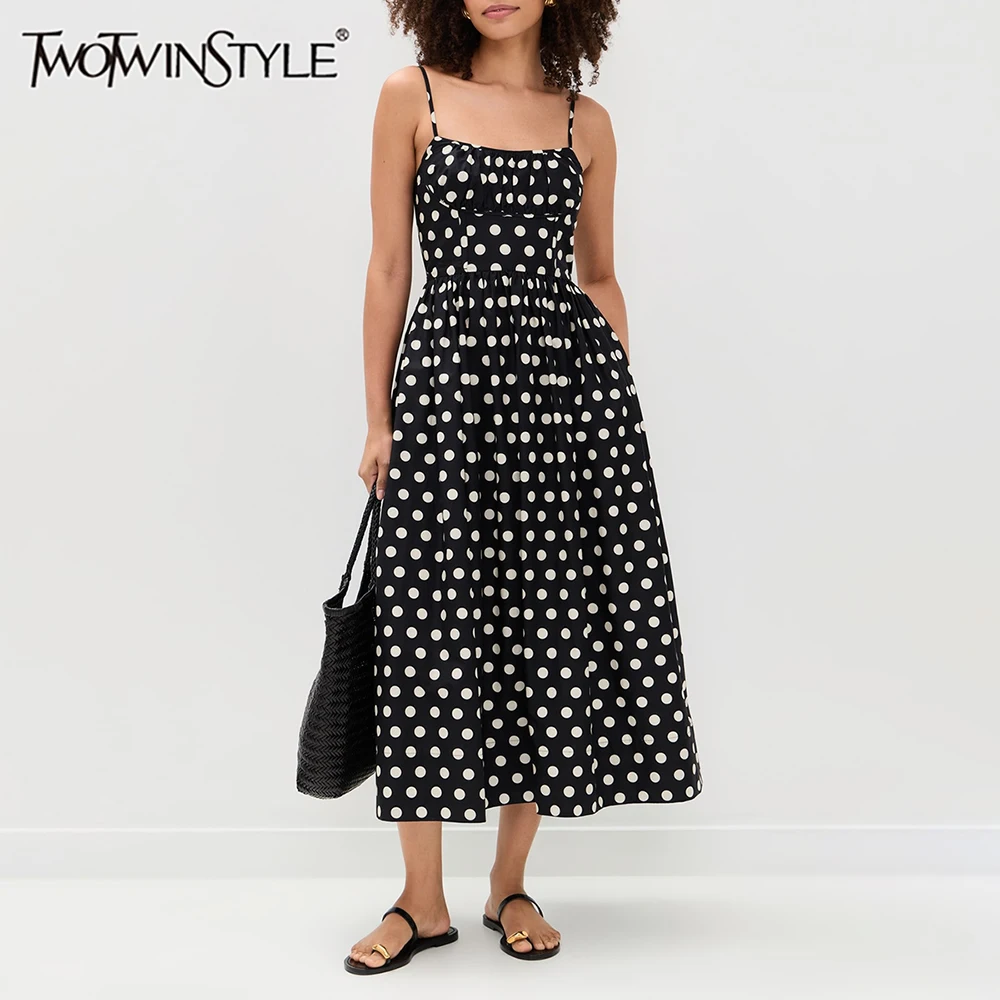 

TWOTWINSTYLE Colorblock Slimming Spliced Zipper Dress for Women Square Neck Sleeveless Patchwork Polka Dot Midi Dresses Female