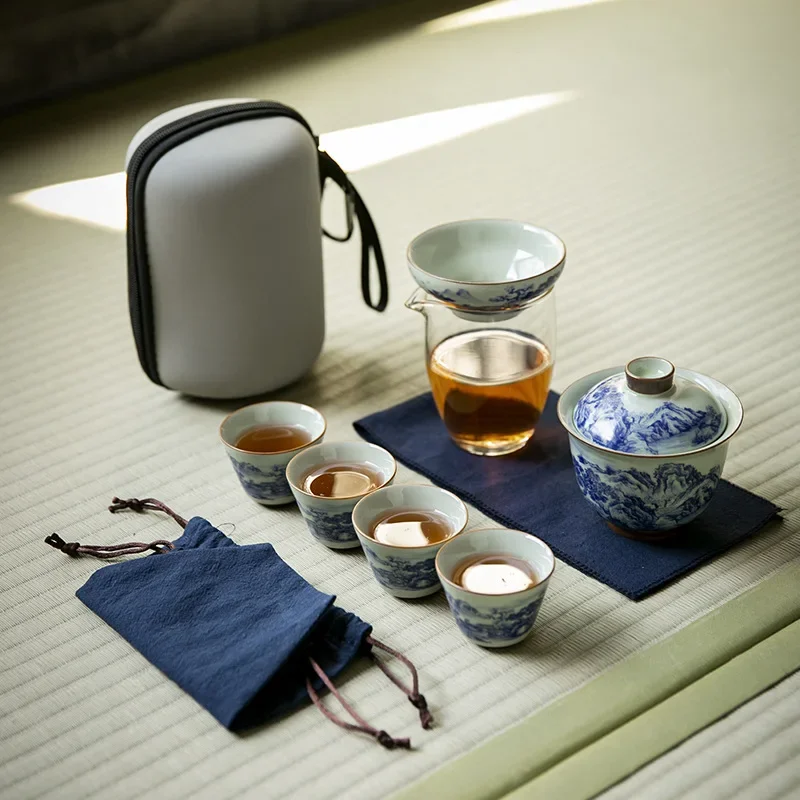 Colorful Designer Gaiwan Bowl Travel Tea Set One Pot Four Cups Quick Cup Landscape Portable Kung Fu Tea Set Gift Trend Porcelain