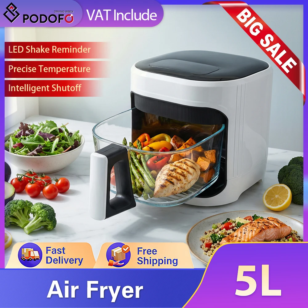 Freidora de Aire Podofo 5L 1350W, Horno Doméstico Inteligente para Freír con Temperatura Ajustable, Cocina sin Aceite para el Hogar