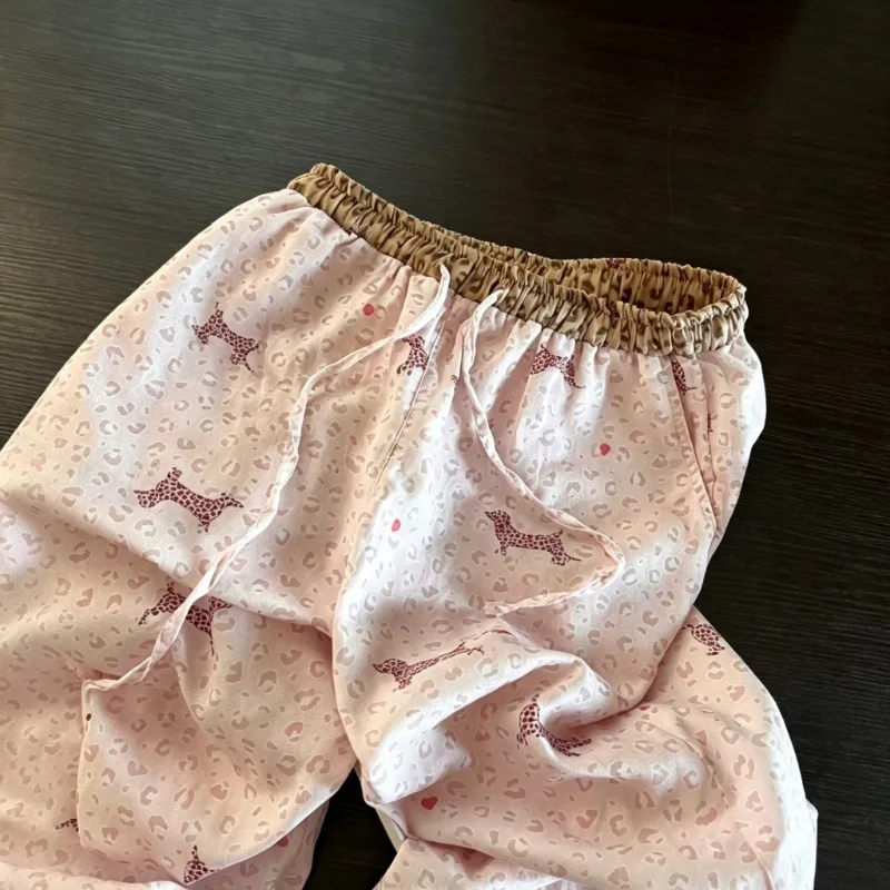 Sweet Women Autumn Sleep Pants Pink Leopard Dog Print Elastic Waist Long Trousers Casual Ladies Home Loungewear Pajama Bottoms