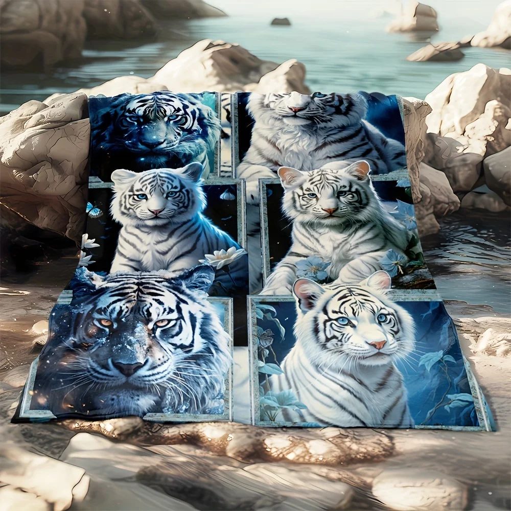 1pc Cozy Splicing The White Tiger Blanket Lightweight Flannel Digital Printing Fleece Blanket For Sofa Office Couch Bed Travel C
