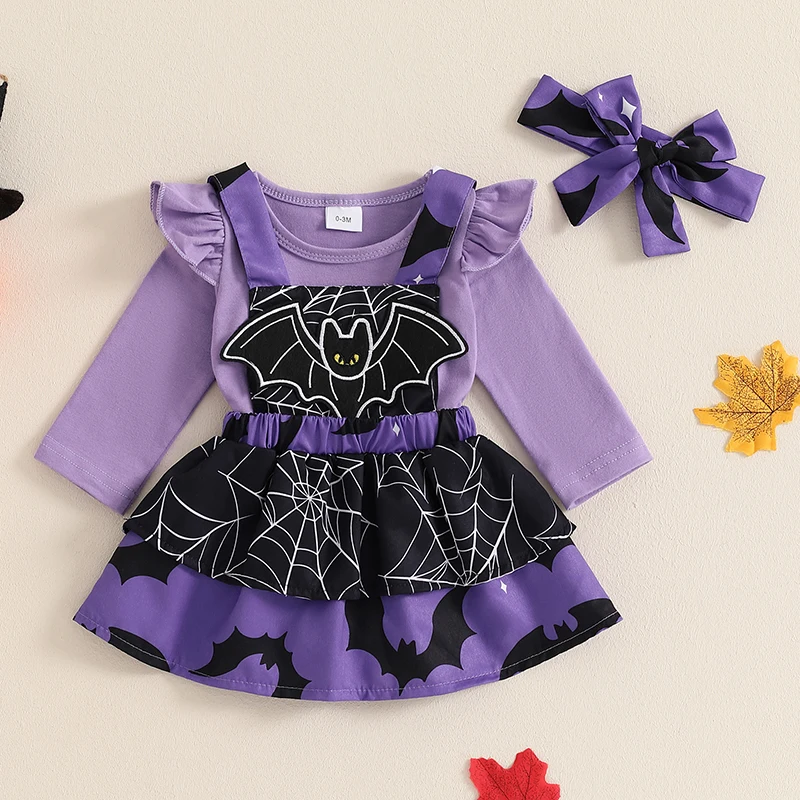 0-18M Baby Girl Halloween 3Pcs Clothes Set Ruffle Long Sleeve Romper Pumpkin Ghost Bat Print Overall Dress and Headband Outfit