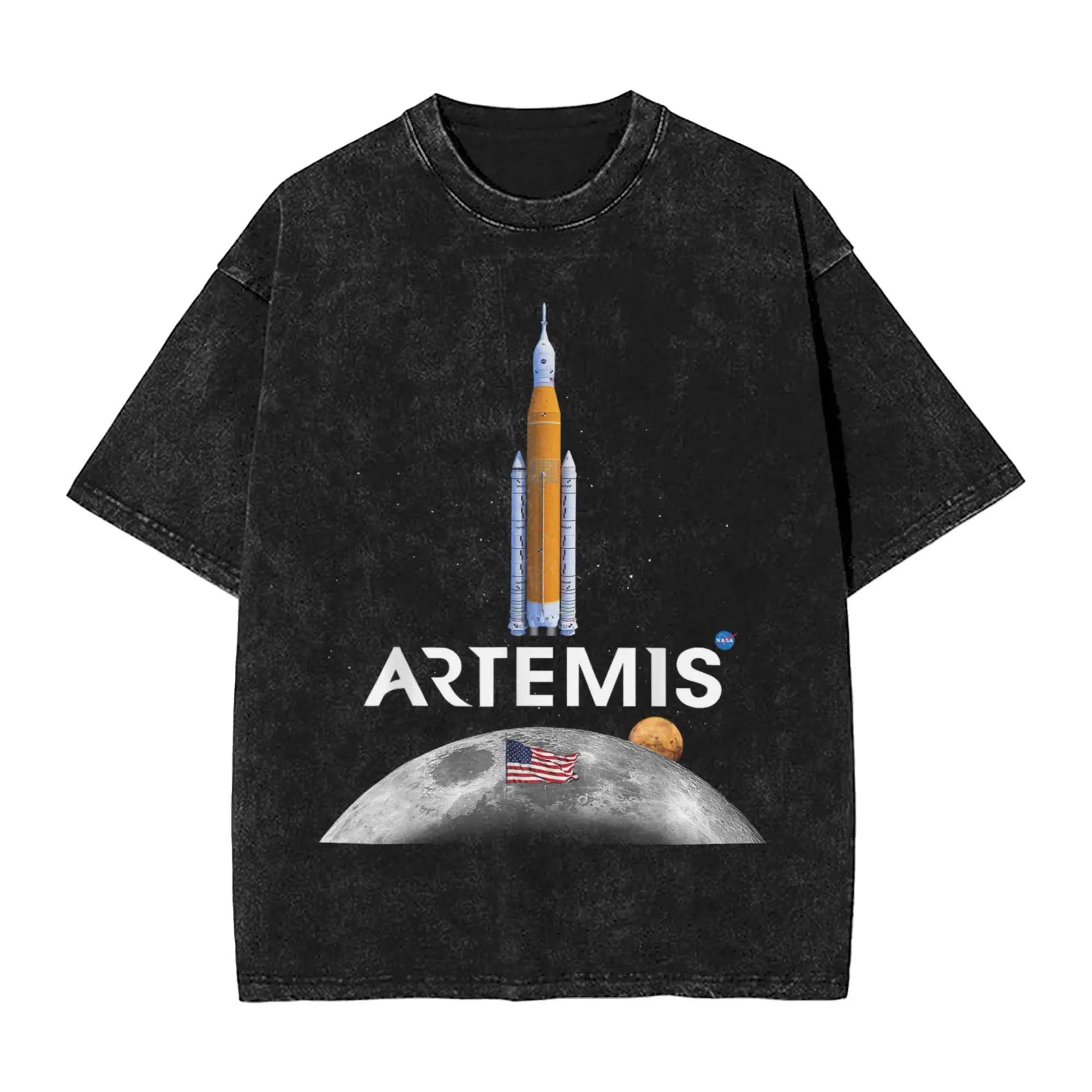 Men's Artemis Mission SLS Moon US Flag Worm Logo T Shirts Summer Streetwear Short-Sleeve T-Shirt O Neck Hipster Casual Tee Shirt