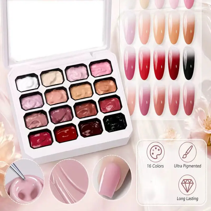 16-Color Nude-Pink Gel Palette: Suitable for Beginners to Create Gradient Effects, Stamped Designs, French Manicures, and DIY Bl