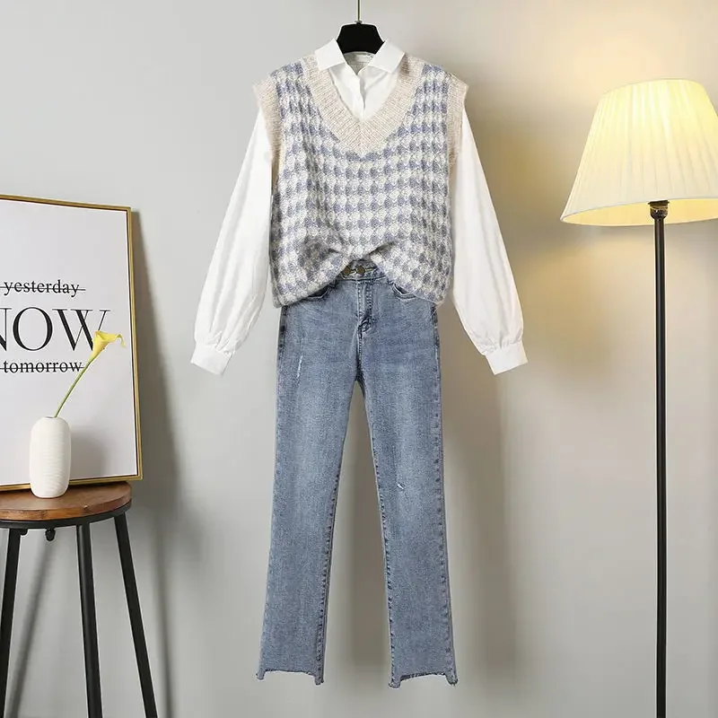 Women Sets Harajuku 2 Piece Leisure Trendy Knitting Vests Retro All-match Vintage Sleeveless Solid Blouses Korean Style Ulzzang