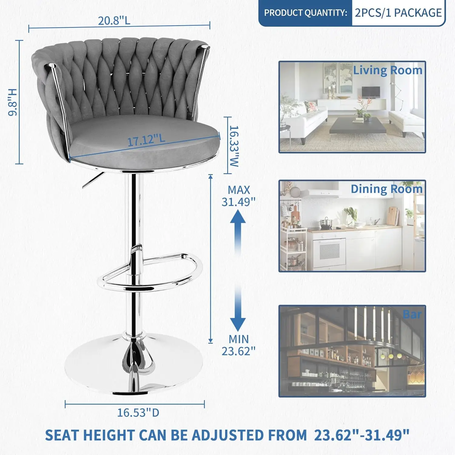 Velvet Bar Stools Set of 2, Modern Adjustable High Backrest Kitchen Counter Chairs, Grey