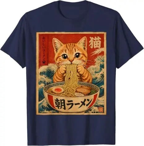 Lustiges Katzen-Ramen-Grafik Retro Japanisches Kawaii Anime Nudel T-Shirt Y2k Cartoon Weiches Baumwoll-T-Shirt für Frauen Männer Harajuku Tees – Detail 17