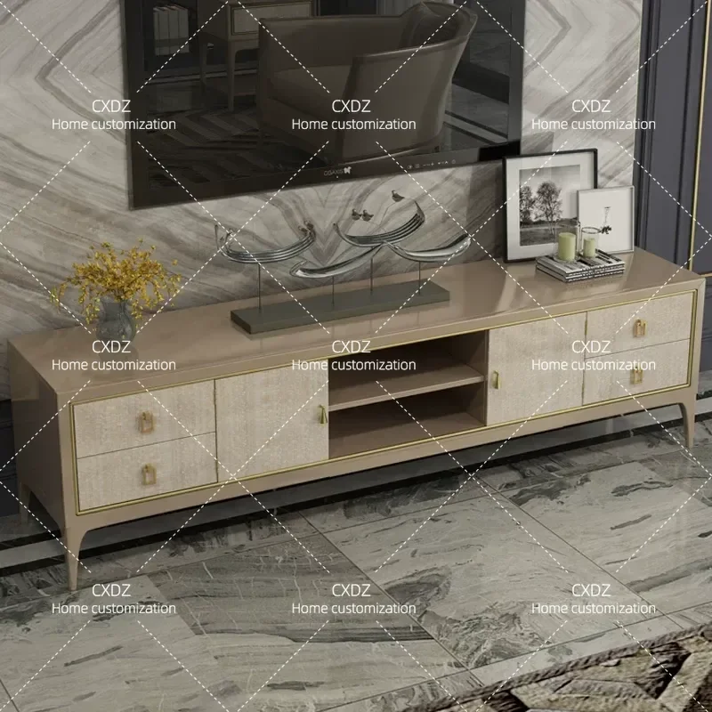 American Light Luxury TV Cabinet Post Modern Simple Living Room Champagne Gold Storage High Cabinet Solid Wood Parquet Video