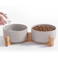 Ceramic Cat Bowls Food and Water Puppy Bowls Set Dish With Wood Stand No Spill Pet Ceramic Double Bowl For small Dogs & Cats