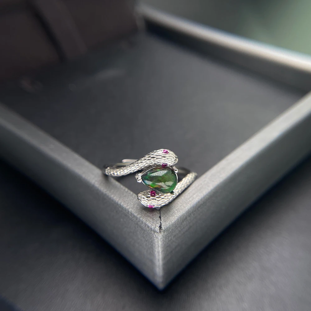 Vintage Snake Natural Black Opal Rings Sterling 925 Silver Gemstone 6*8mm for Women Birthday Party Jewelry Gift
