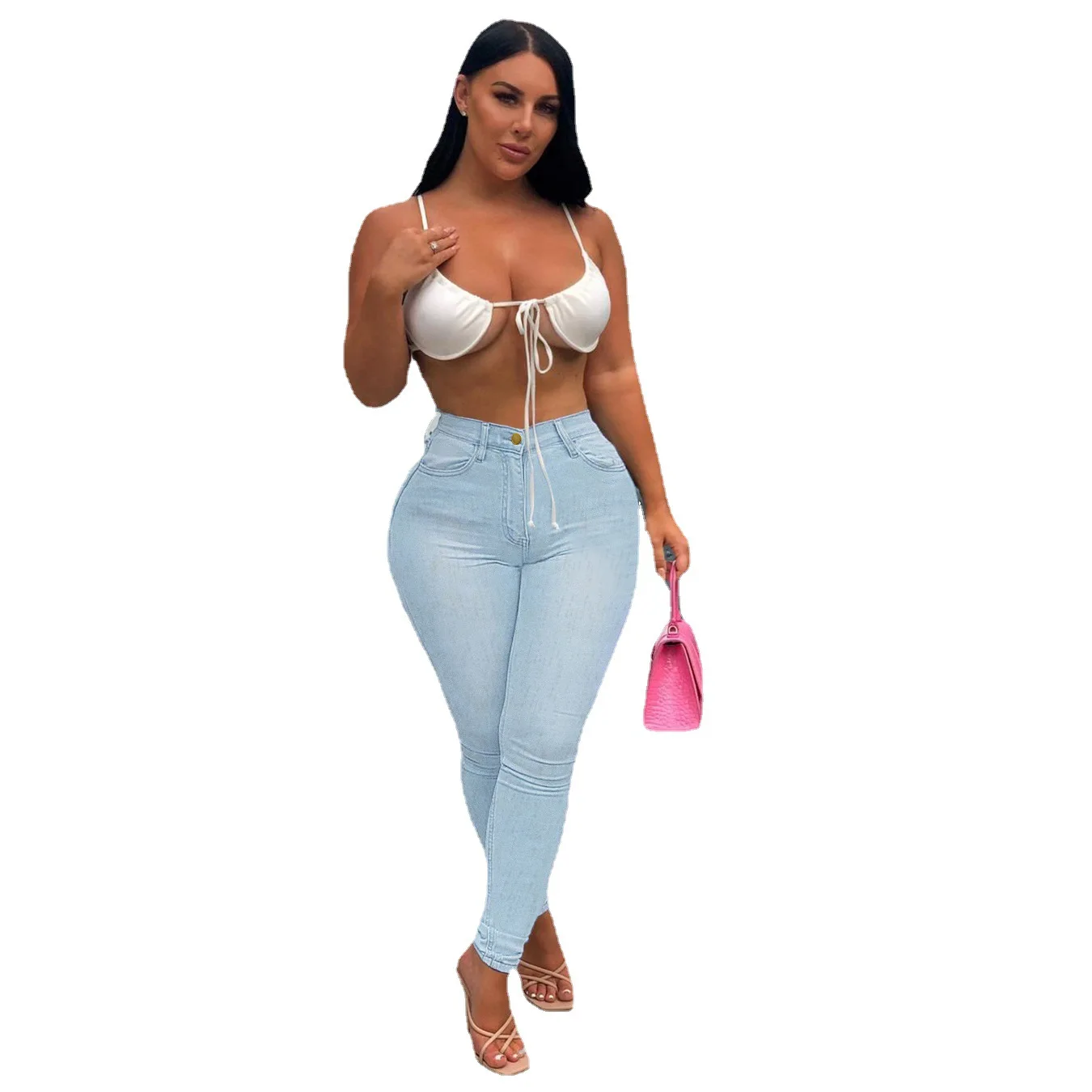 Pantaloni a matita in denim Jeans da donna Tasche a vita alta elasticizzati Pantaloni skinny alla caviglia lavati effetto consumato Streetwear 2025