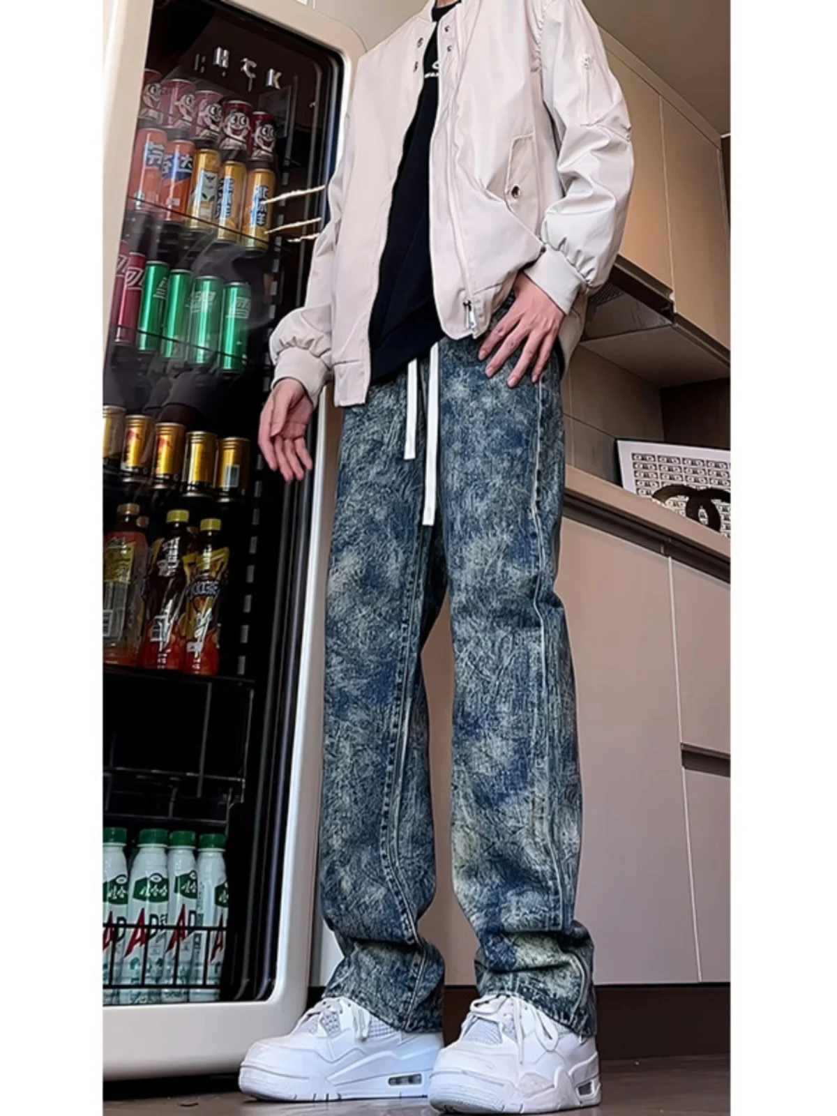 

Модные американские уличные камуфляжные джинсы для мужчин: свободные прямые брюки в стиле хип-хоп с высокой талией, повседневные длинные штаны, молодежные модные джинсы