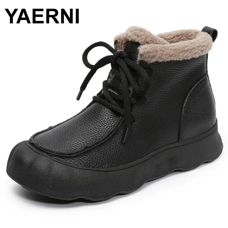 

Retro Thick Bottom Top Layer Cowhide Snow Boots Women's Fleece Lined Thickened Short Boots Winter New Genuine Leather Cotton