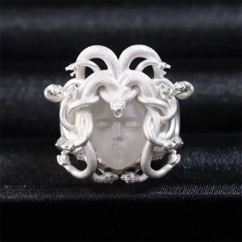 Vintage Griechische Mythologie Medusa Münzring Kunstvoll Handgefertigt Minimalistischer Persönlichkeits-Offener Ring für Frauen und Männer – Detail 2