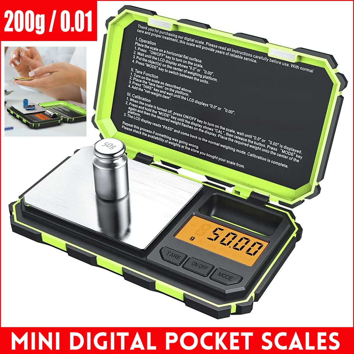 200g 0.01g Digital Mini Scale Pocket Scale with 50g Calibration Weight LCD Electronic Smart Kitchen Scale Food Tablets Jewelry