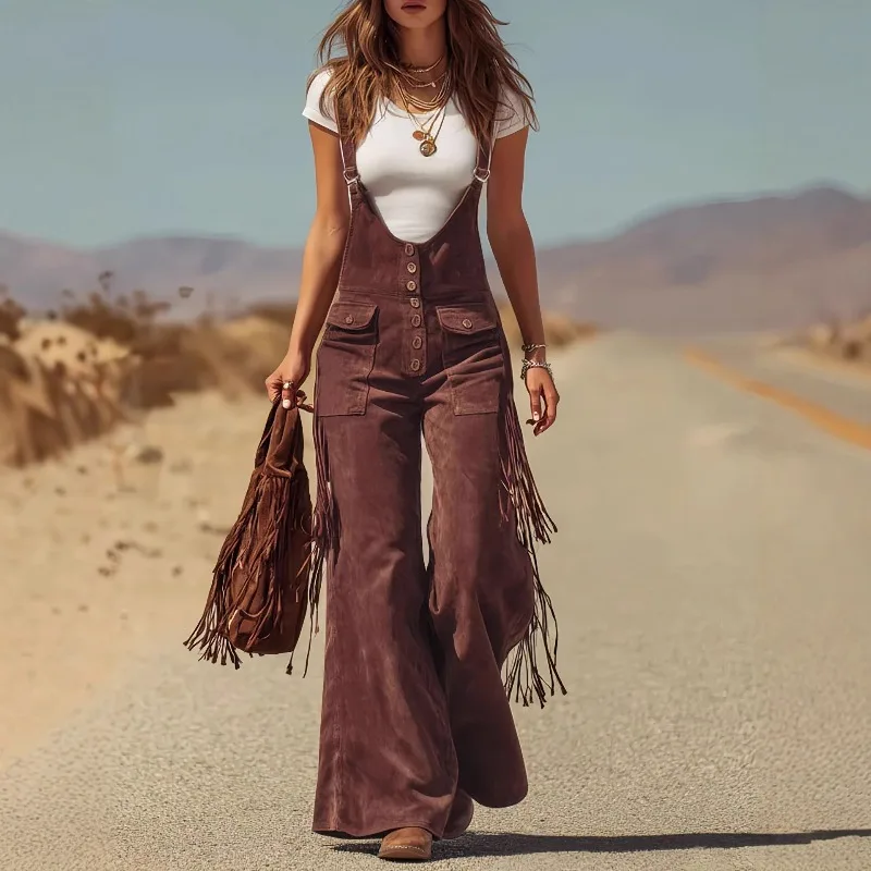 Vintage Suede Fringed Wide-leg Overalls Tooling Women's Trousers