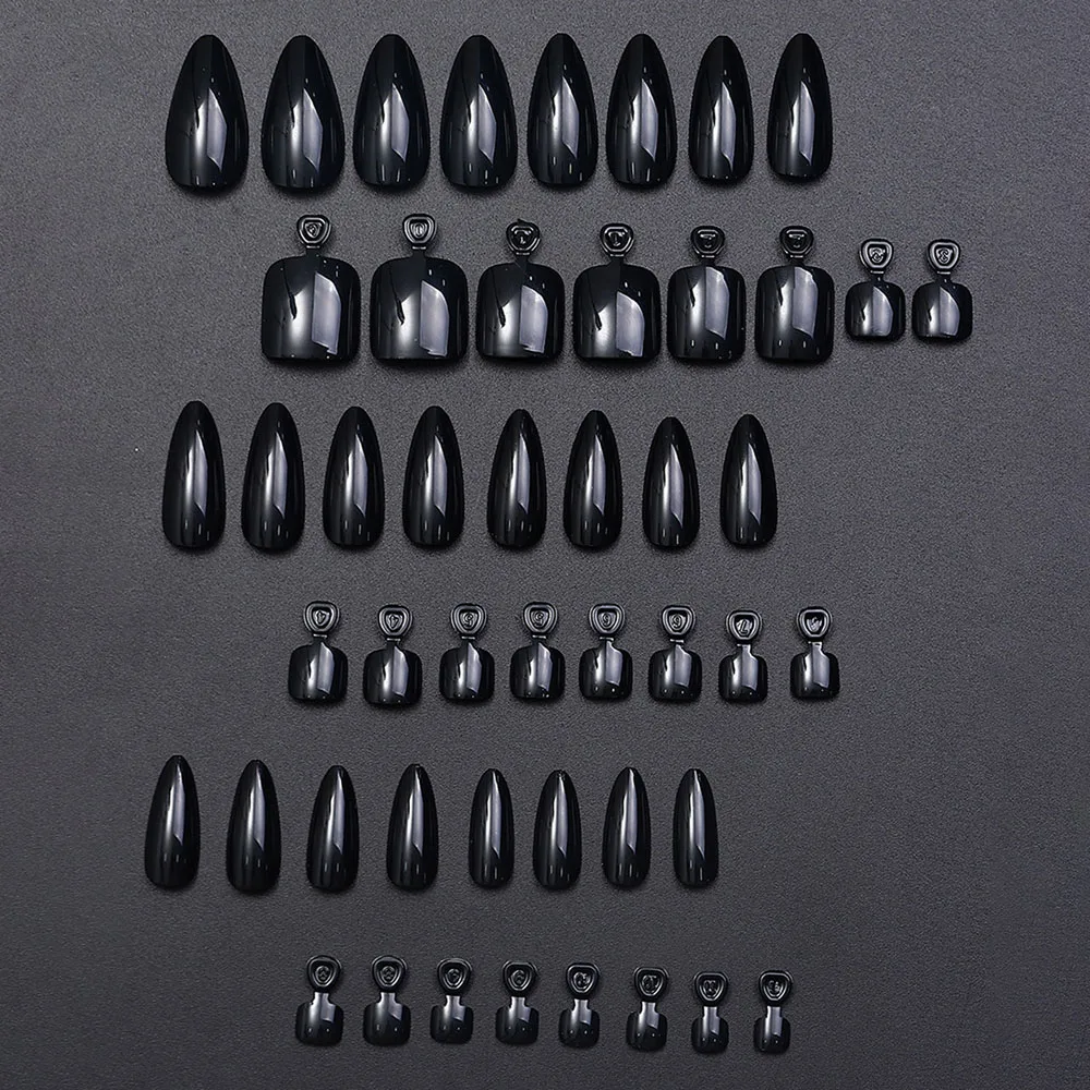 120 قطعة/صندوق أظافر اليد السوداء + أظافر القدم غطاء كامل الأظافر وهمية لامعة قصيرة اللوز على الأظافر وأظافر مربعة مجموعة مانيكير بها بنفسك ﻿