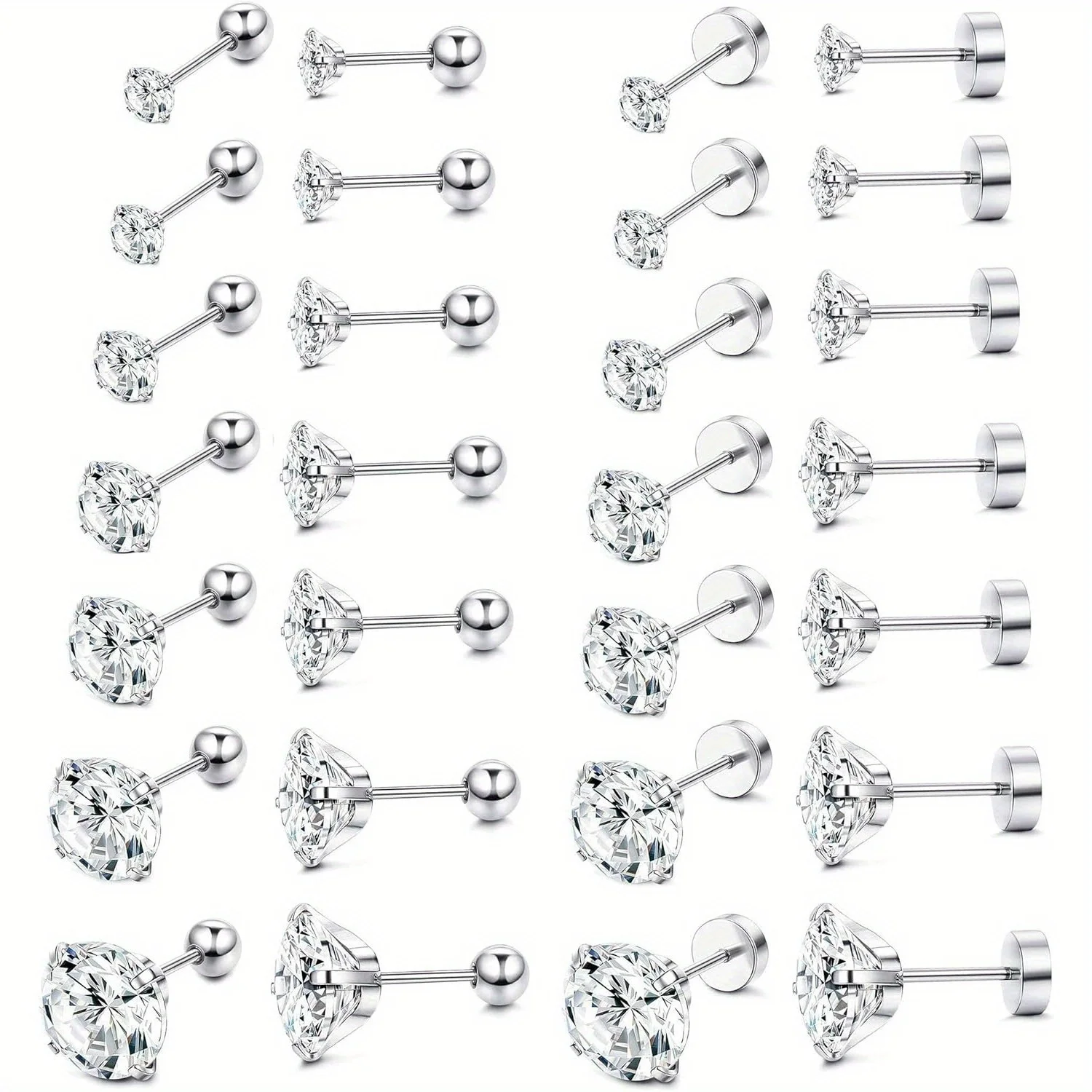 FASACCO Stainless Steel Earrings Stud for Girls CZ Round Screwback Flatback Barbell Cartilage Tragus Helix Earrings Classical