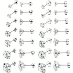 FASACCO Stainless Steel Earrings Stud for Girls CZ Round Screwback Flatback Barbell Cartilage Tragus Helix Earrings Classical