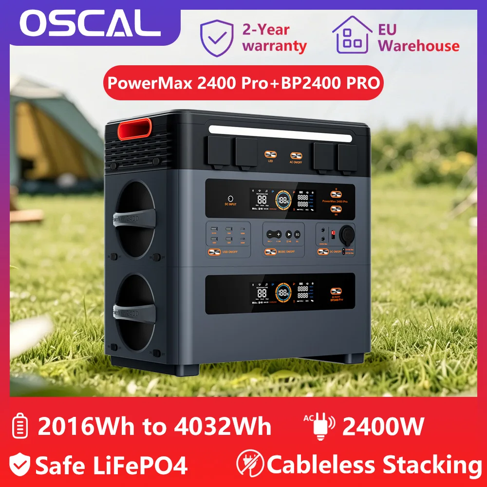 Station d'alimentation portable OSCAL PowerMax 2400 Pro avec batterie BP2400 Pro 2016Wh 2400W LiFePO4, générateur solaire pour le camping en plein air et la maison