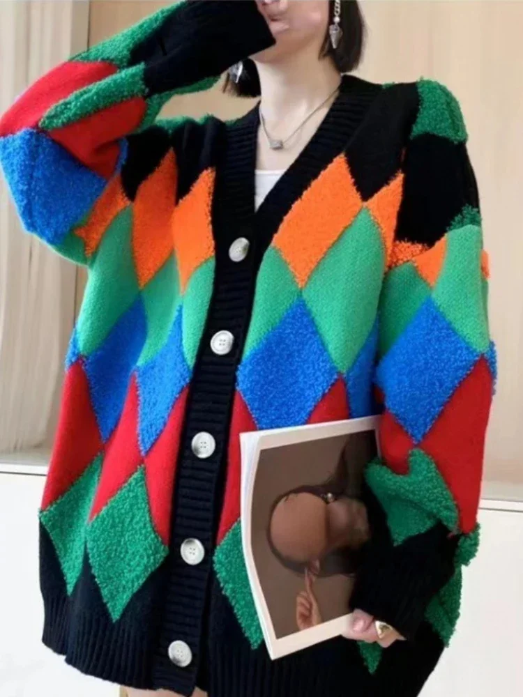 Women\'s V Neck Knitted Cardigan Loose Sweater Rainbow Color Color Blocking Korean Fashion Casual Autumn Winter New