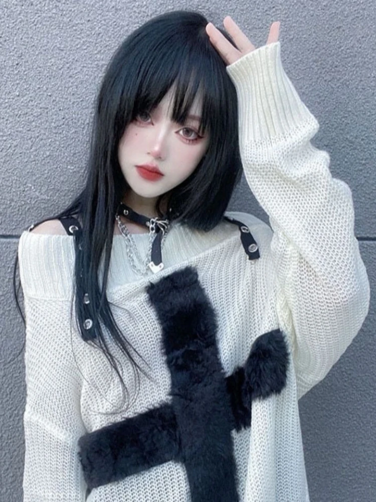 Subculture Punk Style Long Sleeve Blouse Women Casual Slash Neck Patchwork Shirt Button American Vintage Slim 2025 Autumn