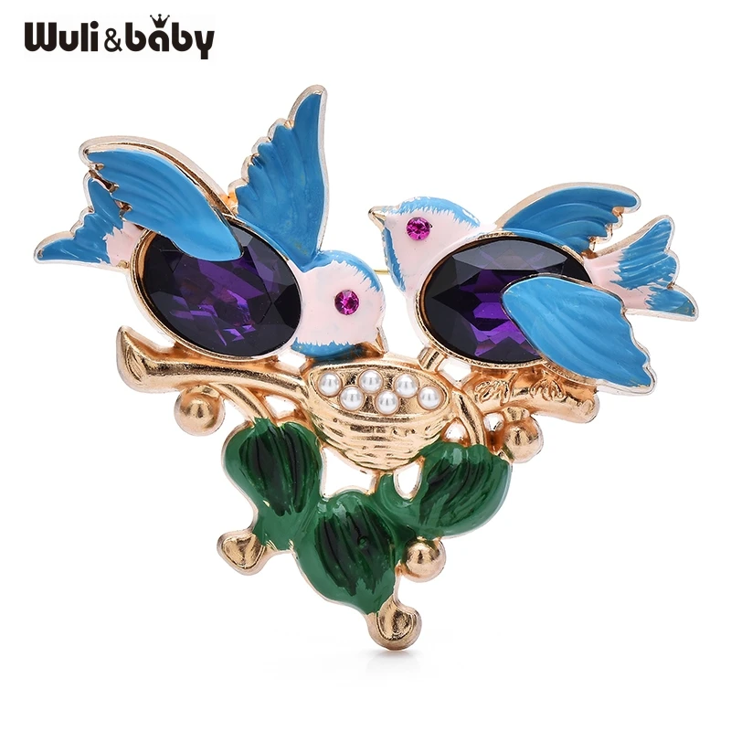 Wuli&baby Enamel Purple Blue Swallow Feeding Baby Birds Brooch Pins Cute Animal Badge Jewelry Accessory Gift