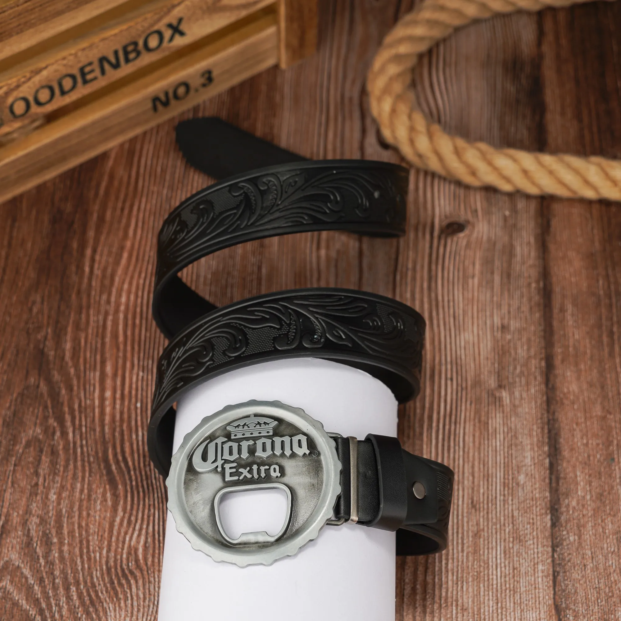 Bottle cap shaped wine bottle screwdriver three-dimensional letter buckle personality tail pattern PU embossed belt