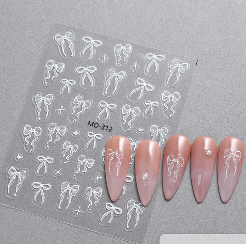 5d Embossed Nail Art Stickers Semi-Transparent White Silky Ballet Ribbons Bowknots Decals Decorations For Nail Tips Manicures