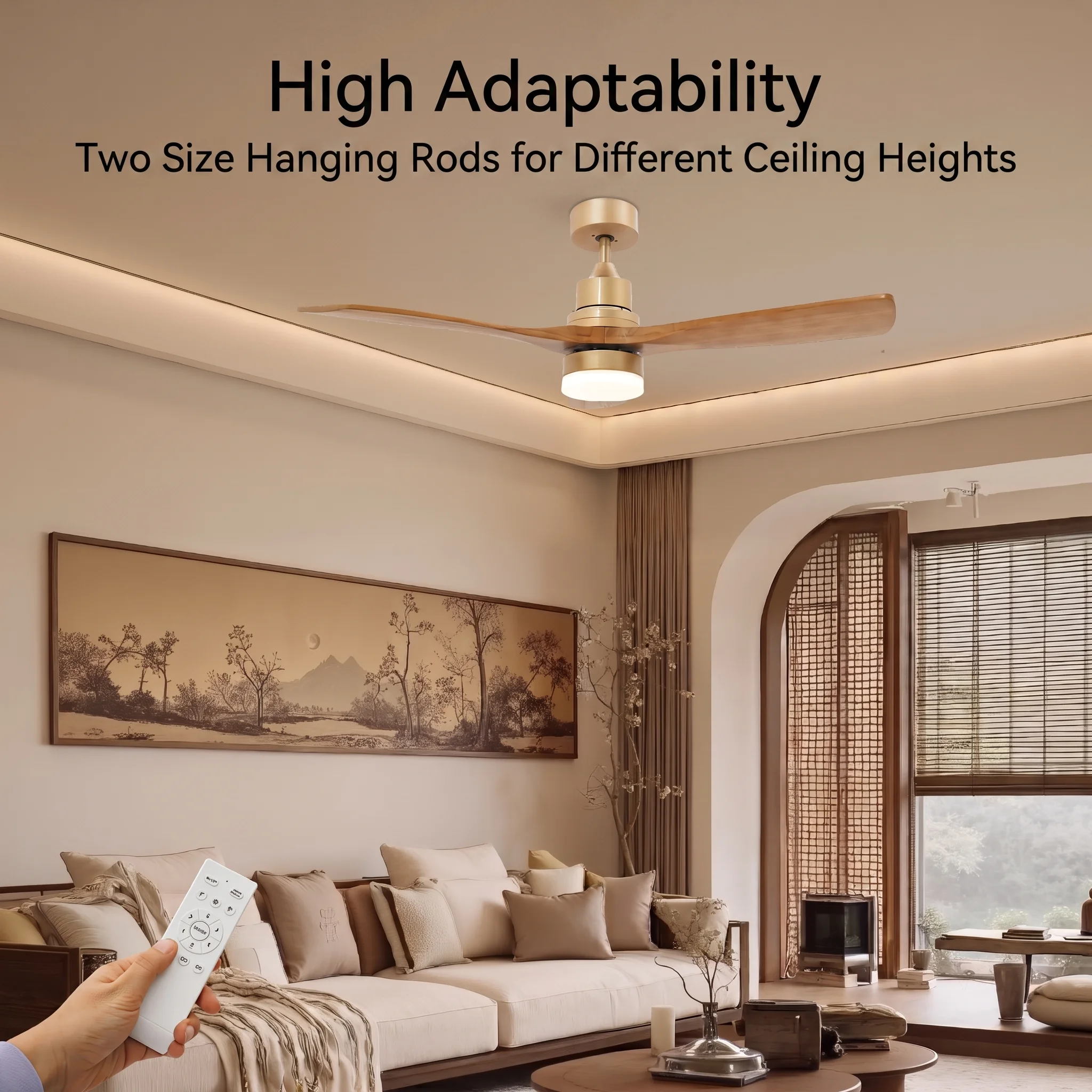 Wood Gold Ceiling Fan with LED Light Remote Control 6 Speed 1/2/4H Timer 3 Color Temp 3 Blades Reversible Quiet Copper Motor Ceiling Fan Light view 5