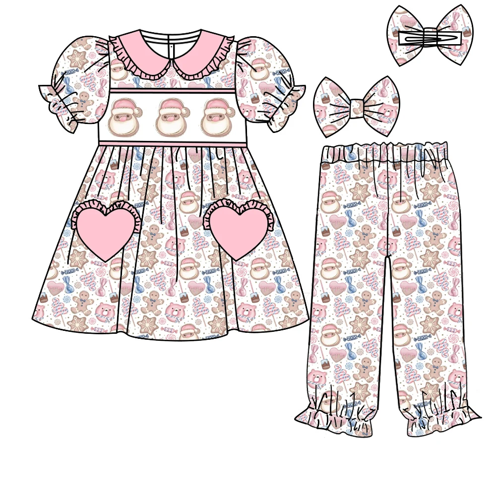 

Boutqiue Christmas Kids Pyjamas Short Sleeve Long Pants Santa Claus Printed Boys Pajamas Girls Sleepwear Wholesale