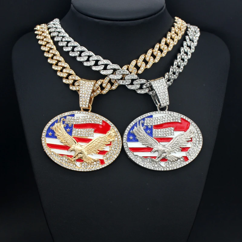 Hip Hop USA Flag Pendant Necklace Cuban Chain For Women Men Iced Out Rhinestone Necklaces Fashion Charm Jewelry Patriotic Gifts